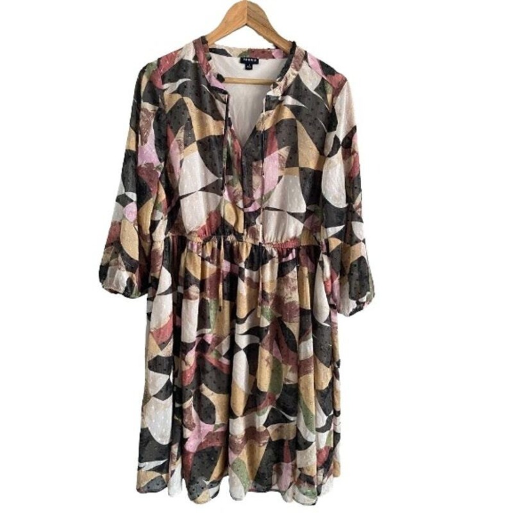 Torrid Mini Clip Keyhole‎ Dress Abstract Print Tie Neck 3/4 Sleeve Chiffon Lined - Picture 13 of 13